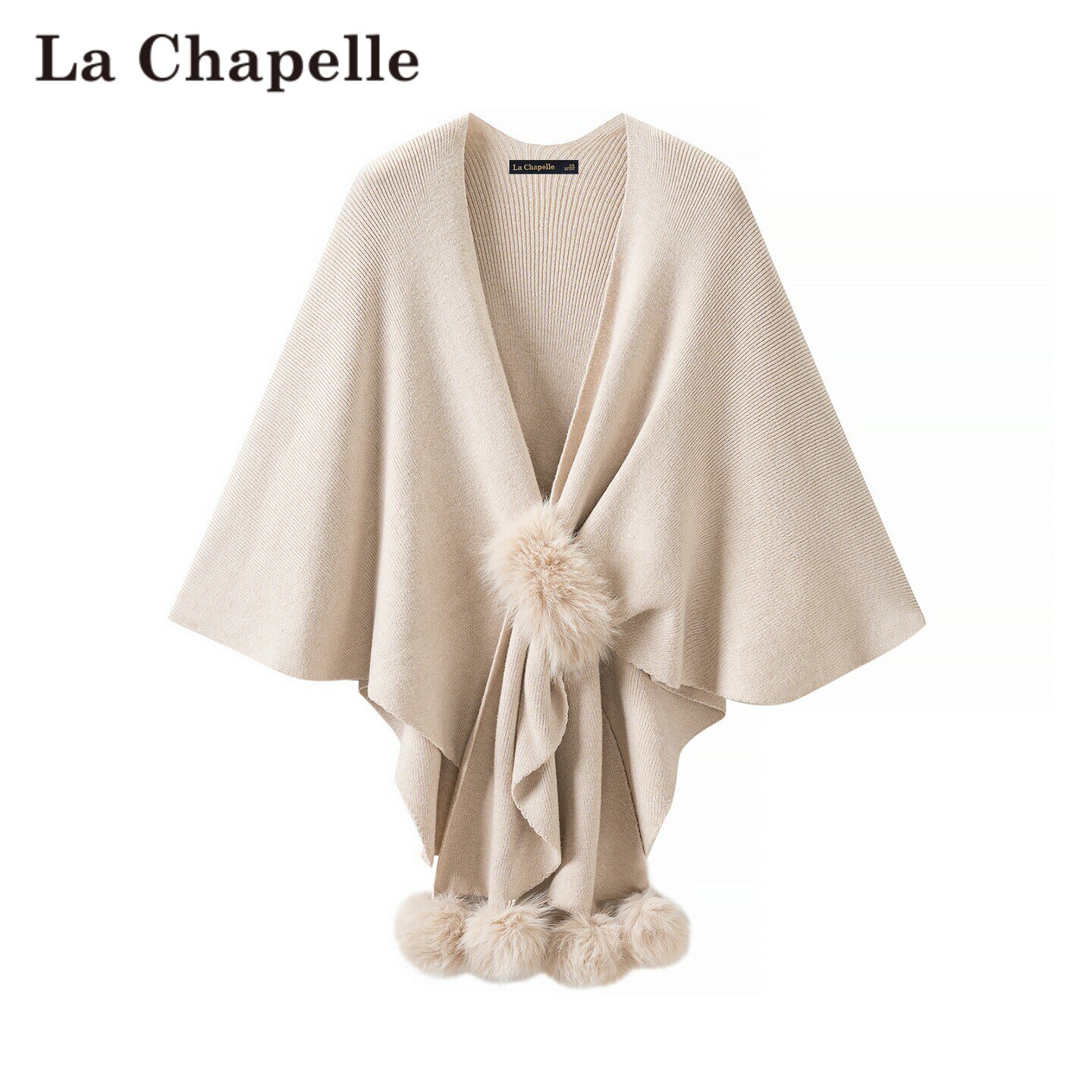 拉夏贝尔/La Chapelle秋冬针织交叉毛球披肩女士气质百搭开衫斗篷