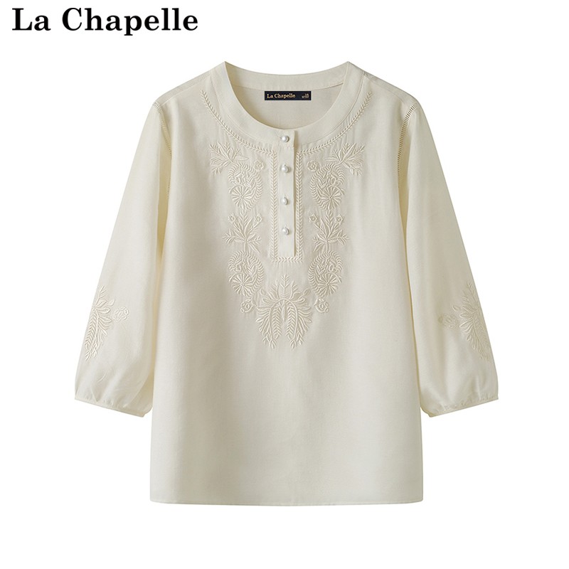 拉夏贝尔/La Chapelle夏季新款新中式高级感刺绣泡泡袖七分袖衬衫