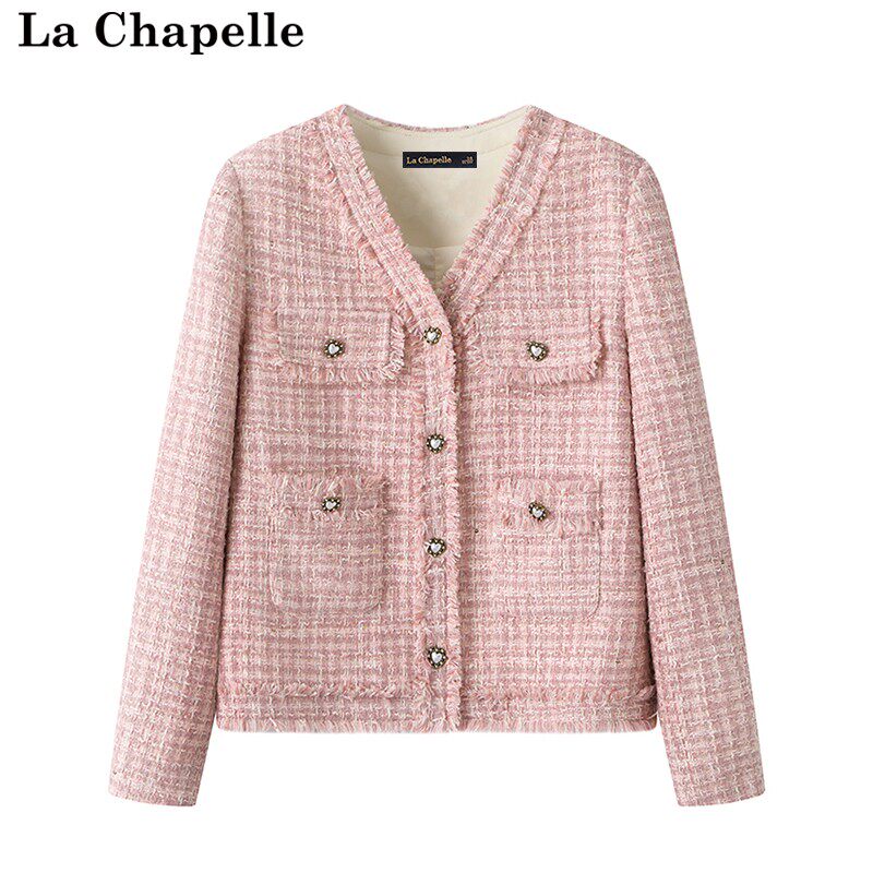 拉夏贝尔/La Chapelle秋冬新款小香风粗花呢V领短外套少女粉上衣高性价比高么？
