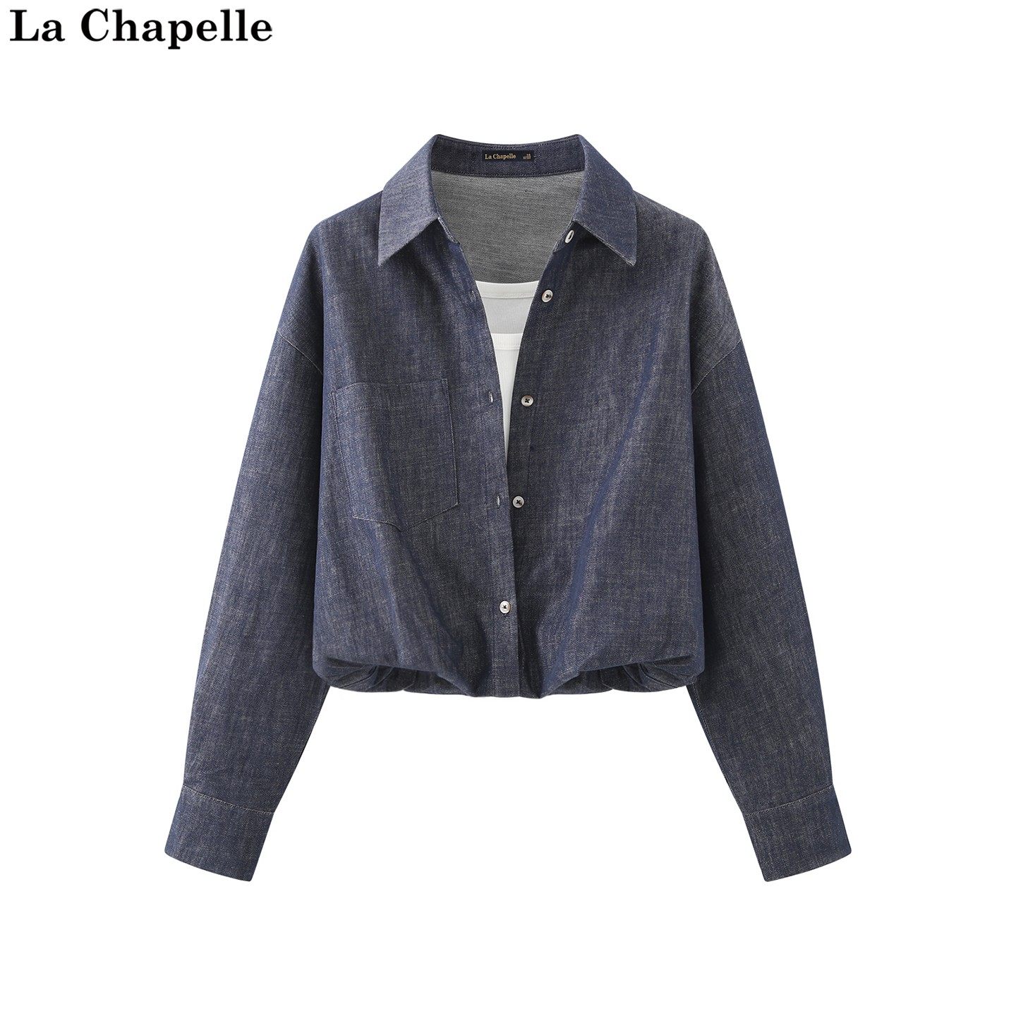 拉夏贝尔/La Chapelle秋季新款翻领设计感假两件短款复古长袖衬衫
