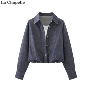 新款 Chapelle秋季 翻领设计感假两件短款 复古长袖 拉夏贝尔 衬衫