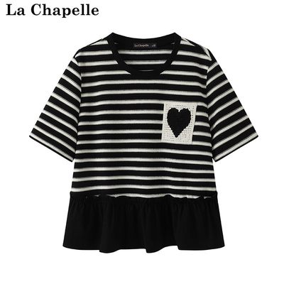拉夏贝尔/La Chapelle新款不规则荷叶边黑白条纹拼接正肩短袖T恤