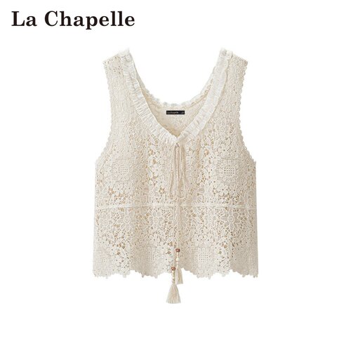 拉夏贝尔/La Chapelle春夏新款法式复古风针织镂空系带短款背心女