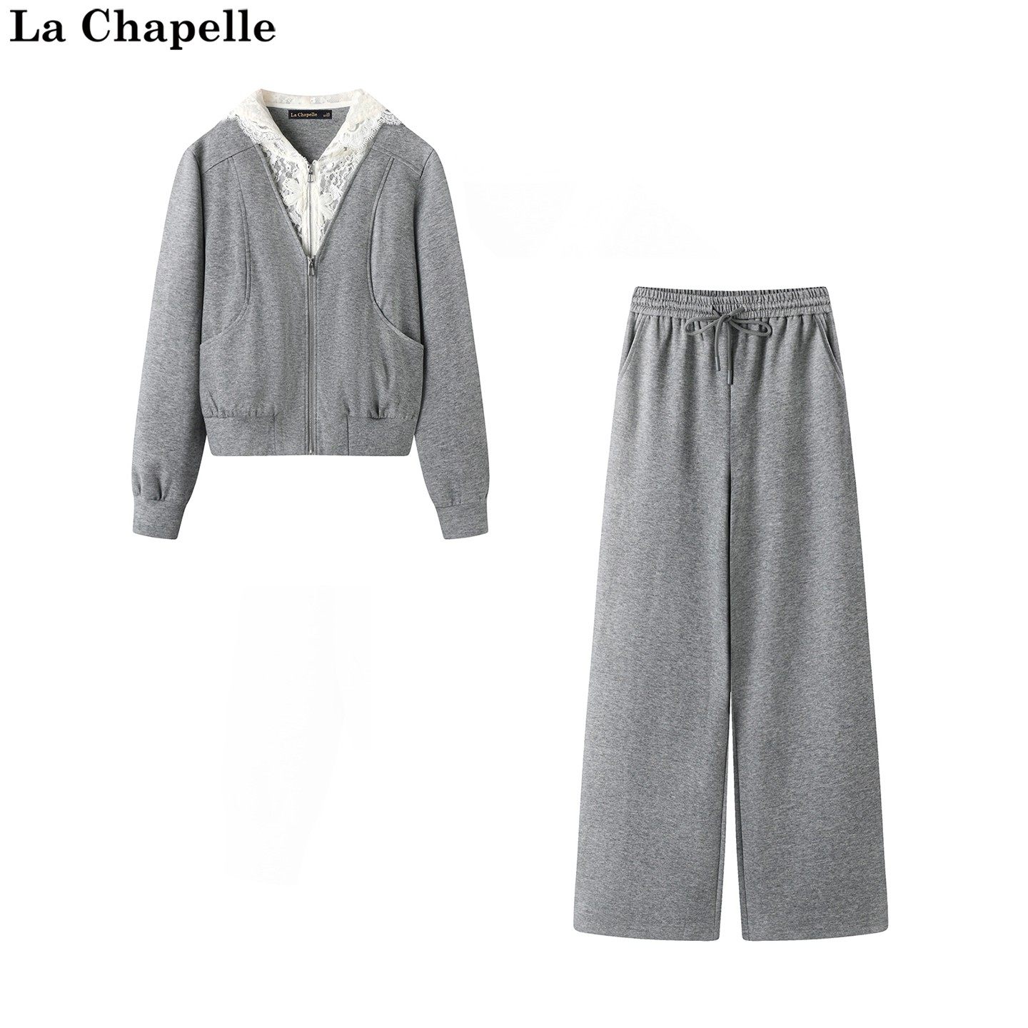 拉夏贝尔/La Chapelle秋季新款蕾丝连帽上衣松紧腰休闲裤两件套女