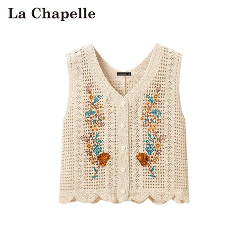 拉夏贝尔/La Chapelle春夏新款V领镂空国风刺绣外穿薄款针织马甲