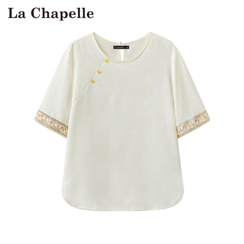 拉夏贝尔/La Chapelle春夏新款设计风圆领花朵刺绣宽松休闲衬衫女