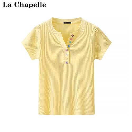 拉夏贝尔/La Chapelle夏季新款V领彩扣修身显瘦韩版甜美百搭短袖