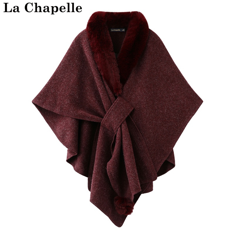 拉夏贝尔/La Chapelle冬季厚针织披肩女毛领斗篷旗袍外搭开衫上衣