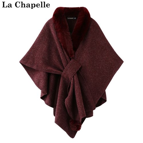 拉夏贝尔/La Chapelle冬季厚针织披肩女毛领斗篷旗袍外搭开衫上衣