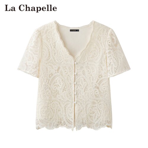 拉夏贝尔/La Chapelle春夏新款韩式v领蕾丝拼接宽松休闲气质短袖