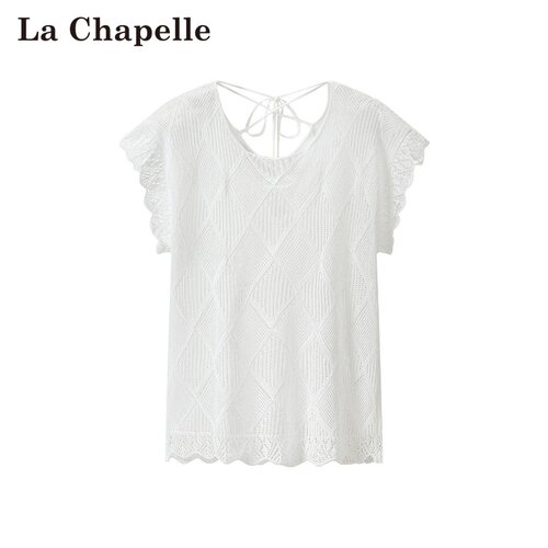 拉夏贝尔/La Chapelle春夏新款薄款蕾丝t恤露背气质通勤针织短袖