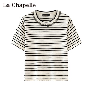 短袖 拉夏贝尔 套头撞色条纹蕾丝拼接针织衫 Chapelle春夏新款