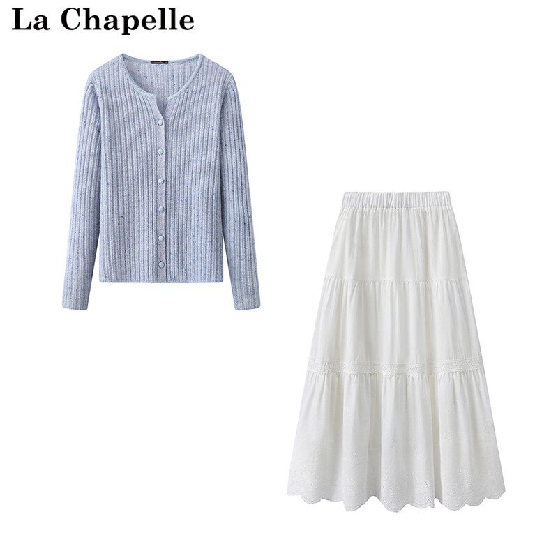 拉夏贝尔/La Chapelle春季新款天蓝针织开衫温柔风外搭宽松两件套