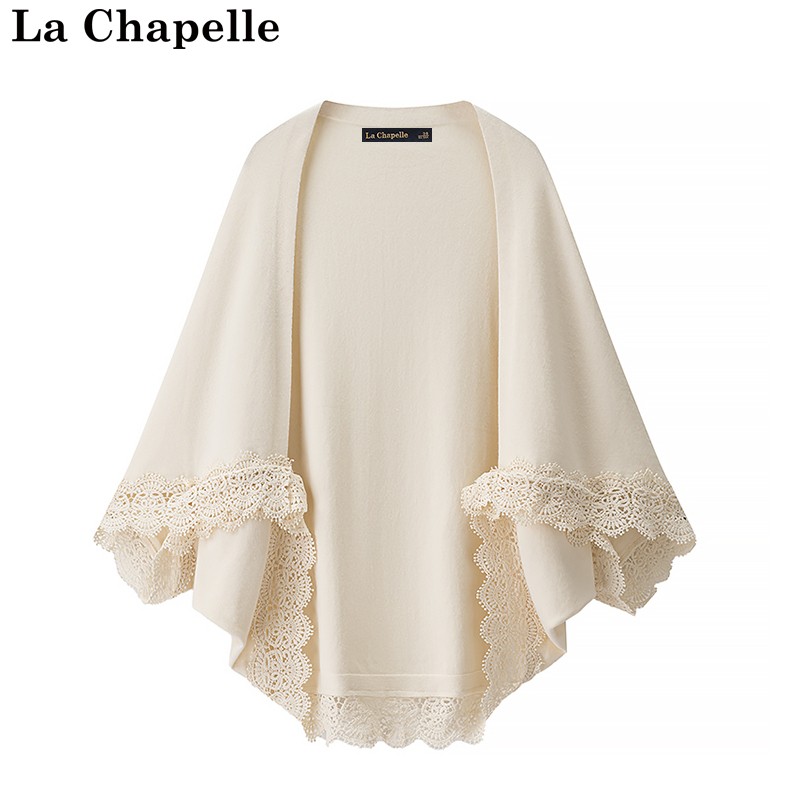 拉夏贝尔/La Chapelle毛衣针织开衫女斗篷披肩外搭蕾丝边拼接上衣