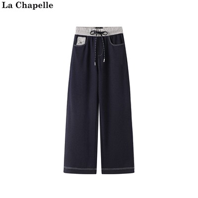 拉夏贝尔/La Chapelle秋季新款松紧腰抽绳撞色时尚直筒百搭牛仔裤