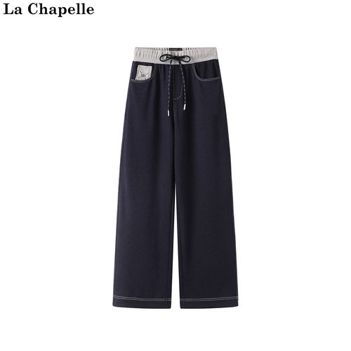 拉夏贝尔/La Chapelle秋季新款松紧腰抽绳撞色时尚直筒百搭牛仔裤