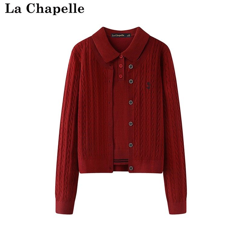 拉夏贝尔/La Chapelle春季新款红色小香风针织开衫背心两件套上衣