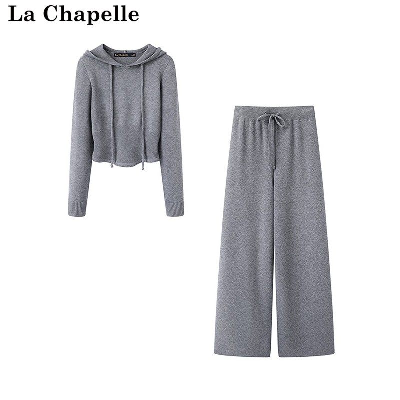 拉夏贝尔/La Chapelle冬季新款针织衫套装连帽毛衣高腰长裤两件套