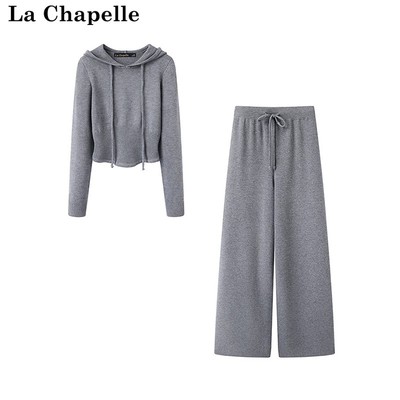 拉夏贝尔/La Chapelle冬季新款针织衫套装连帽毛衣高腰长裤两件套
