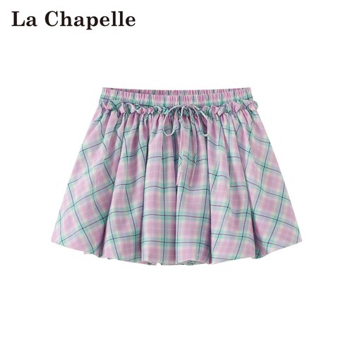 拉夏贝尔/La Chapelle春夏新款松紧腰系带百褶高腰格纹A字半身裙