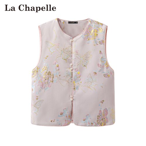 拉夏贝尔/La Chapelle春季新款V领新中式时尚刺绣外穿无袖马甲女