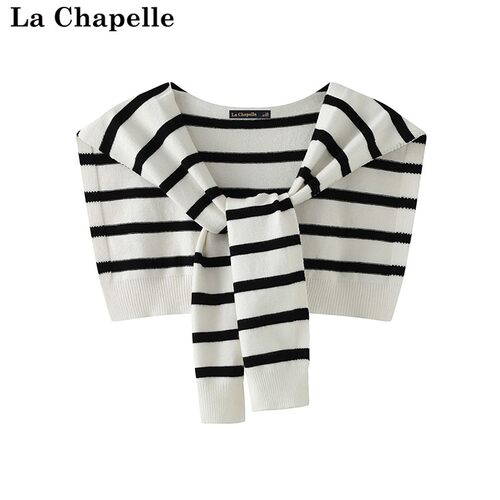 拉夏贝尔/La Chapelle新款白色条纹针织披肩外搭休闲百搭坎肩女士