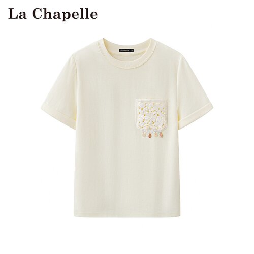 拉夏贝尔/La Chapelle夏季新款套头圆领纯色休闲正肩通勤短袖上衣