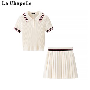 拉夏贝尔/La Chapelle夏季新款学院风撞色坑条短袖针织衫短裙套装