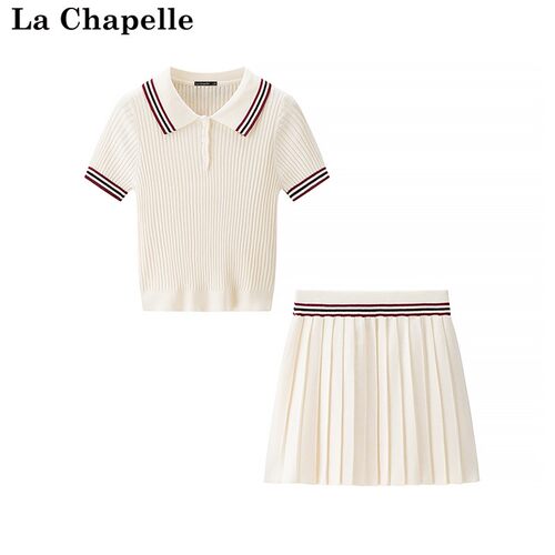拉夏贝尔/La Chapelle夏季新款学院风撞色坑条短袖针织衫短裙套装