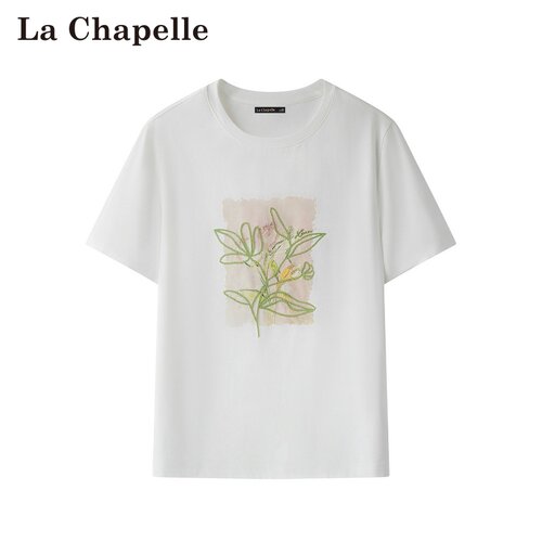 拉夏贝尔/La Chapelle夏季新款韩式套头圆领花朵刺绣正肩短袖上衣