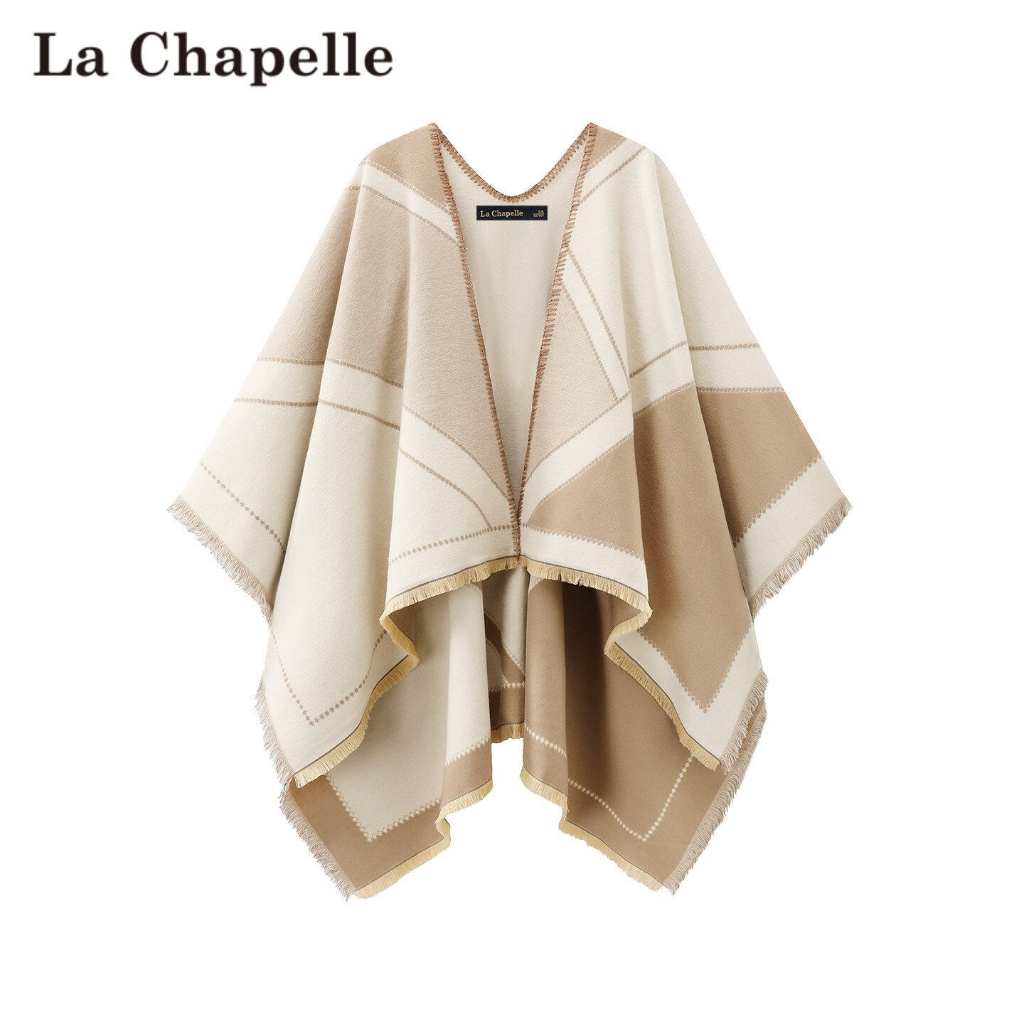 拉夏贝尔/La Chapelle民族风几何条纹斗篷披肩女秋冬保暖流苏外搭