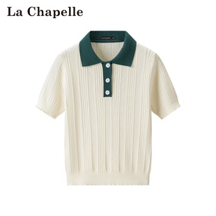 针织短袖 Chapelle夏季 套头撞色翻领气质修身 上衣 新款 拉夏贝尔