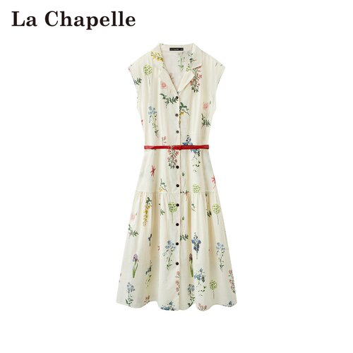 拉夏贝尔/La Chapelle春夏新款法式翻领通勤风收腰碎花气质连衣裙