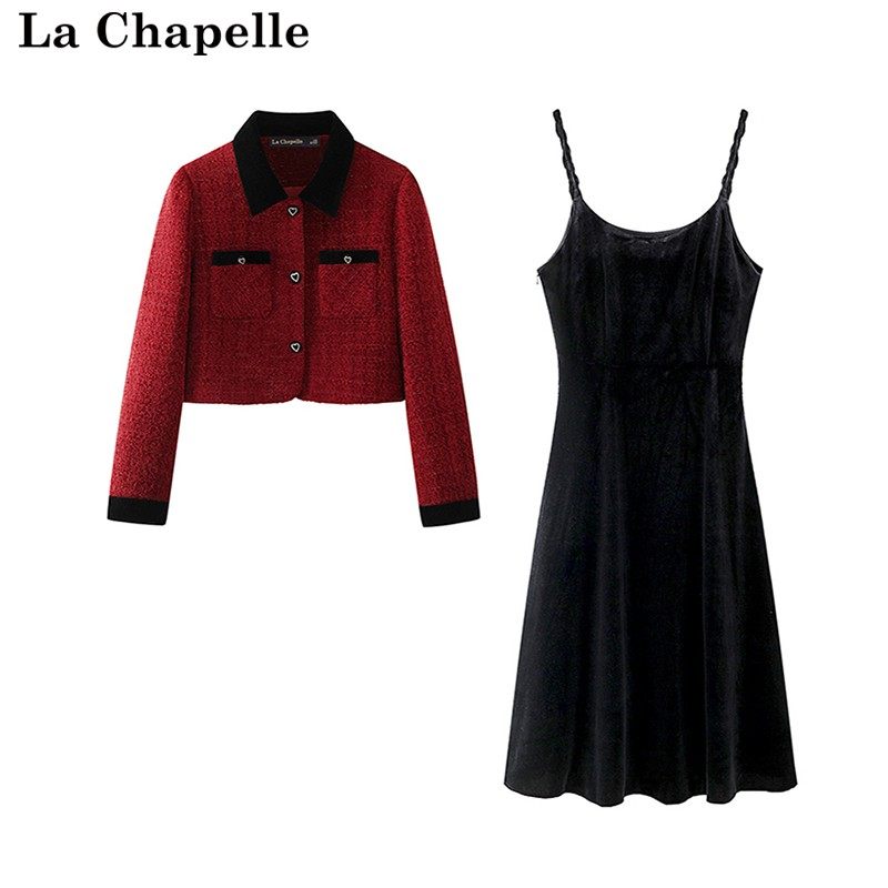 拉夏贝尔/La Chapelle冬季新款红色法式小香风外套丝绒裙两件套女