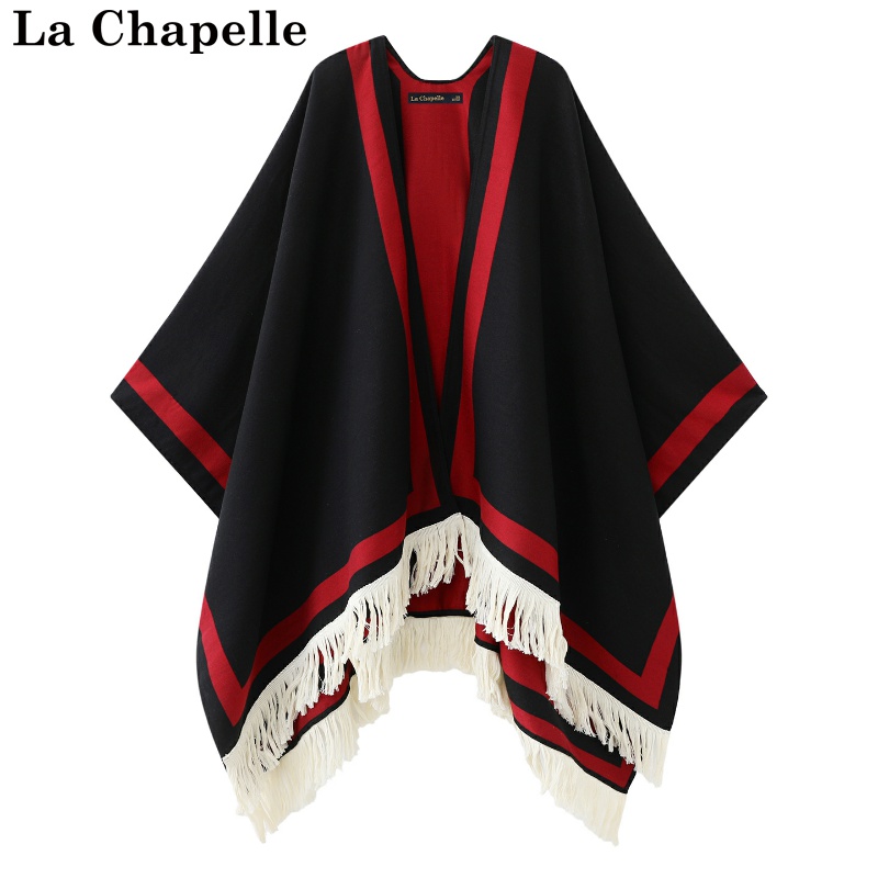 拉夏贝尔/La Chapelle针织厚款披肩开衫女冬斗篷流苏旗袍外搭上衣