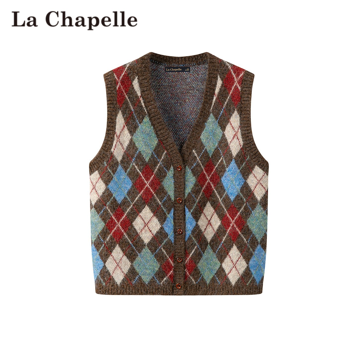 拉夏贝尔/La Chapelle复古菱格撞色V领针织马甲女学院风叠穿背心