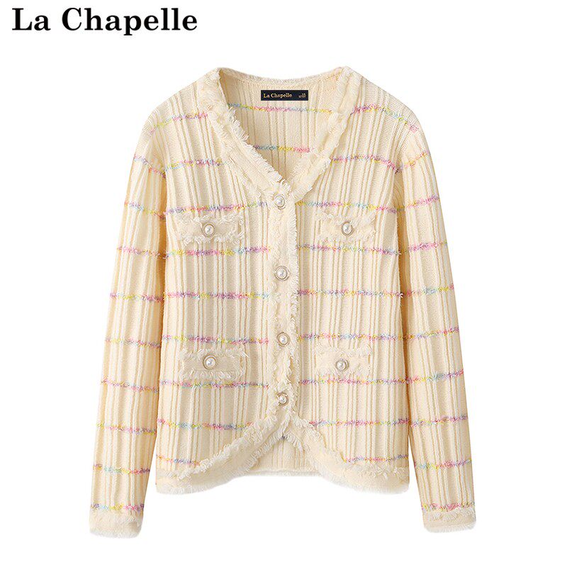 拉夏贝尔/La Chapelle秋季彩色条纹针织衫开衫V领流苏拼接毛衣女怎么样,好用不?