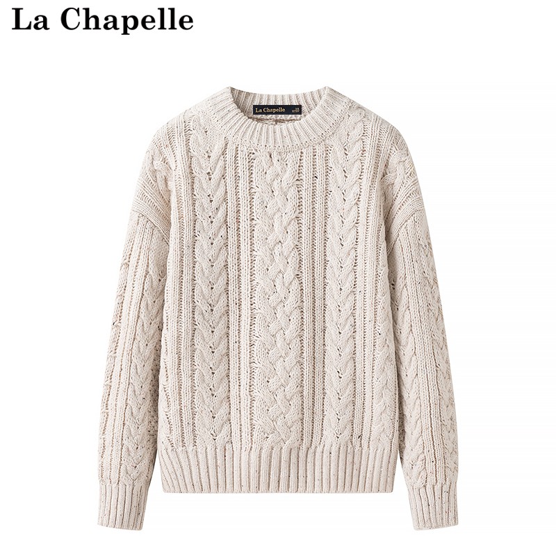 拉夏贝尔/La Chapelle纯色简约复古百搭圆领麻花针织衫套头秋毛衣