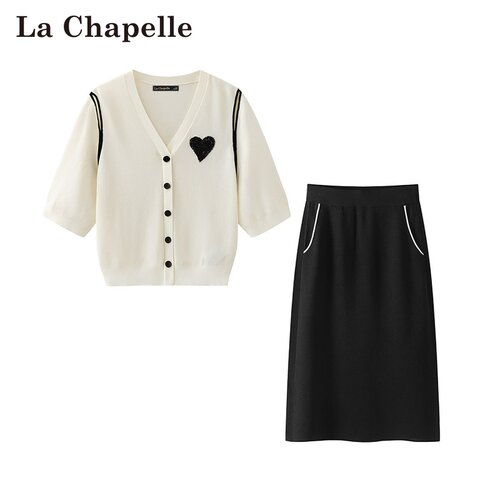 拉夏贝尔/La Chapelle春夏韩式针织两件套爱心刺绣短袖高腰半身裙