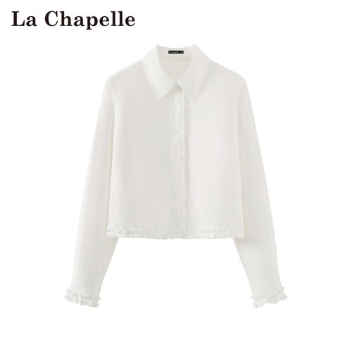 拉夏贝尔/La Chapelle春季新款翻领纯色休闲风木耳边短款通勤衬衫