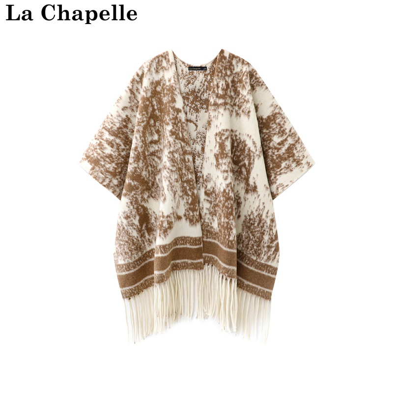 拉夏贝尔/La Chapelle秋冬新款复古提花流苏外搭旅游风针织披肩女