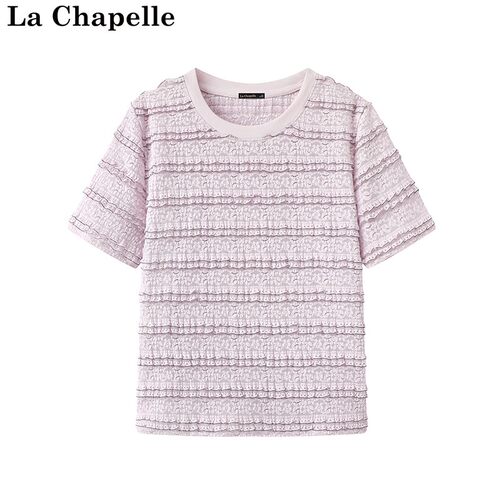 拉夏贝尔/La Chapelle夏季新款肌理感蕾丝衫圆领正肩短袖休闲上衣