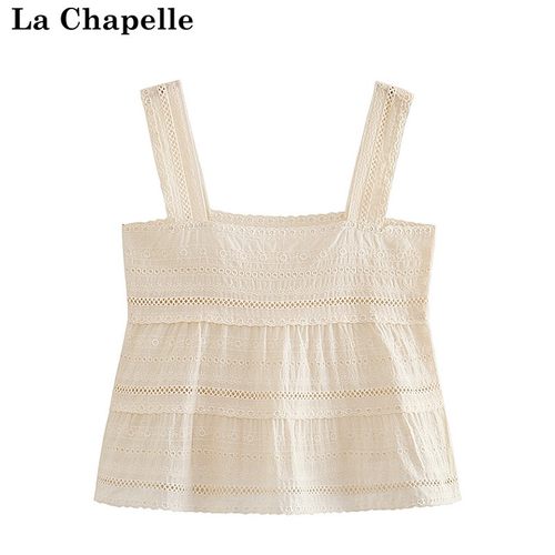 拉夏贝尔/La Chapelle蕾丝钩花刺绣吊带女镂空背心无袖露背短上衣