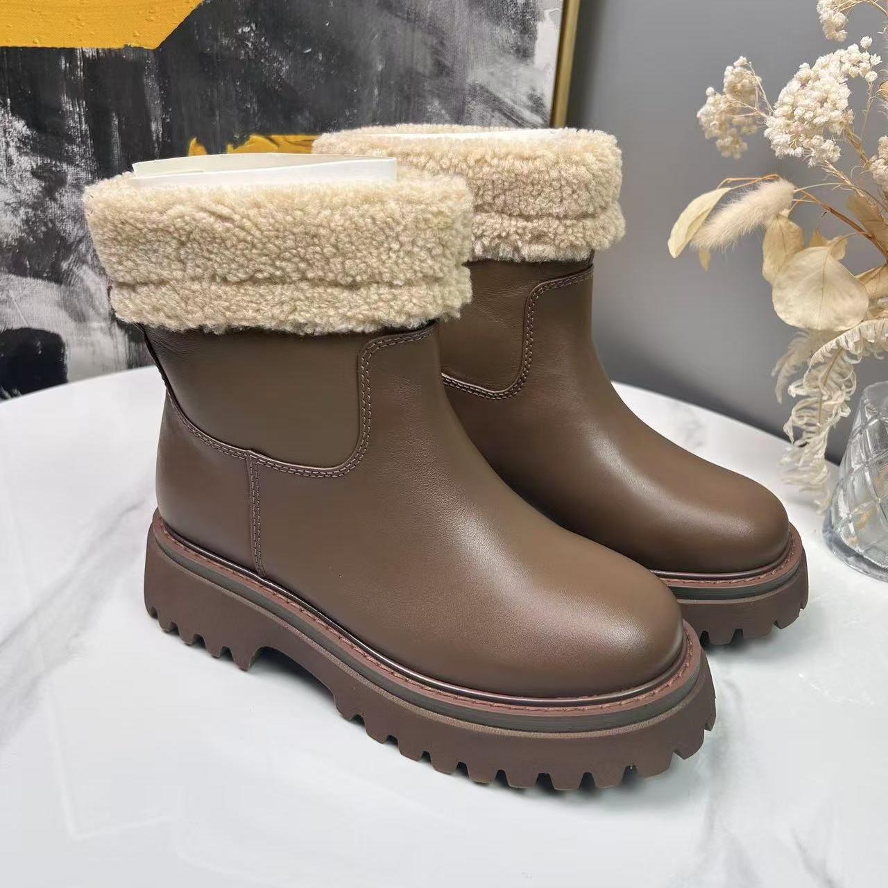 Qbu专柜正品卡其色羊皮拼接牛皮加绒加厚款短靴826B15 5/1