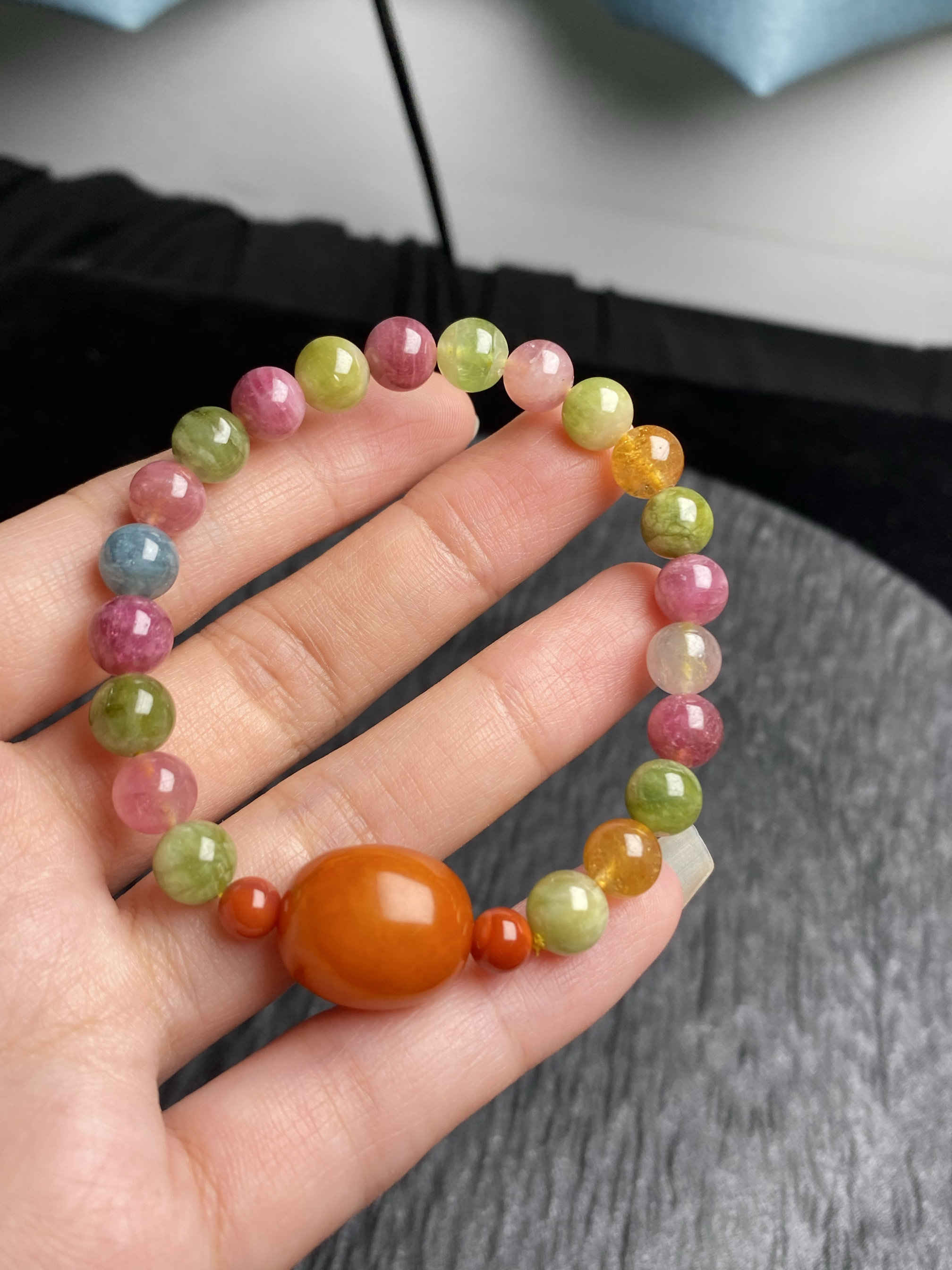 纯天然阿根廷糖果碧玺手链7.5MM搭配天然蜜蜡桶珠14*17mm 保真
