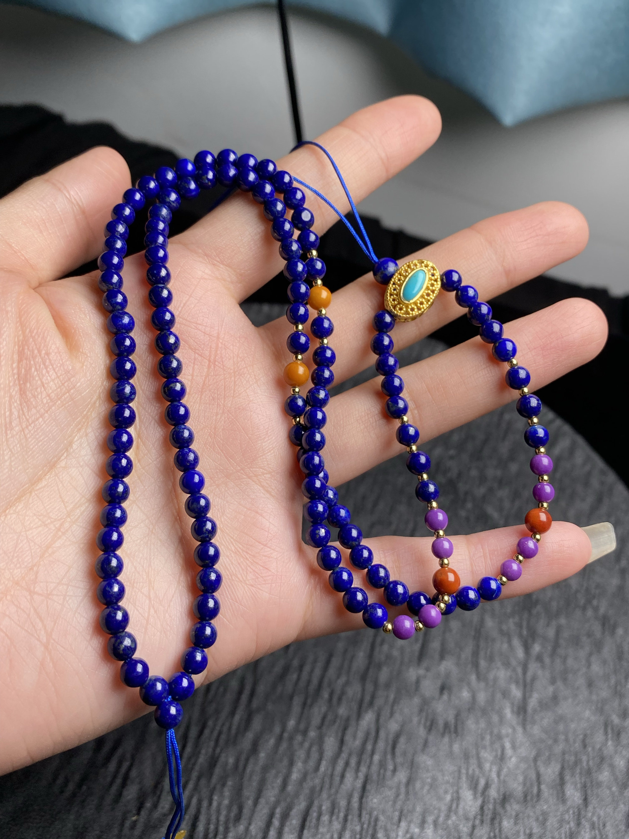 纯天然青金项链可搭配天然紫云母+南红+925银饰品 4.7mm 保真