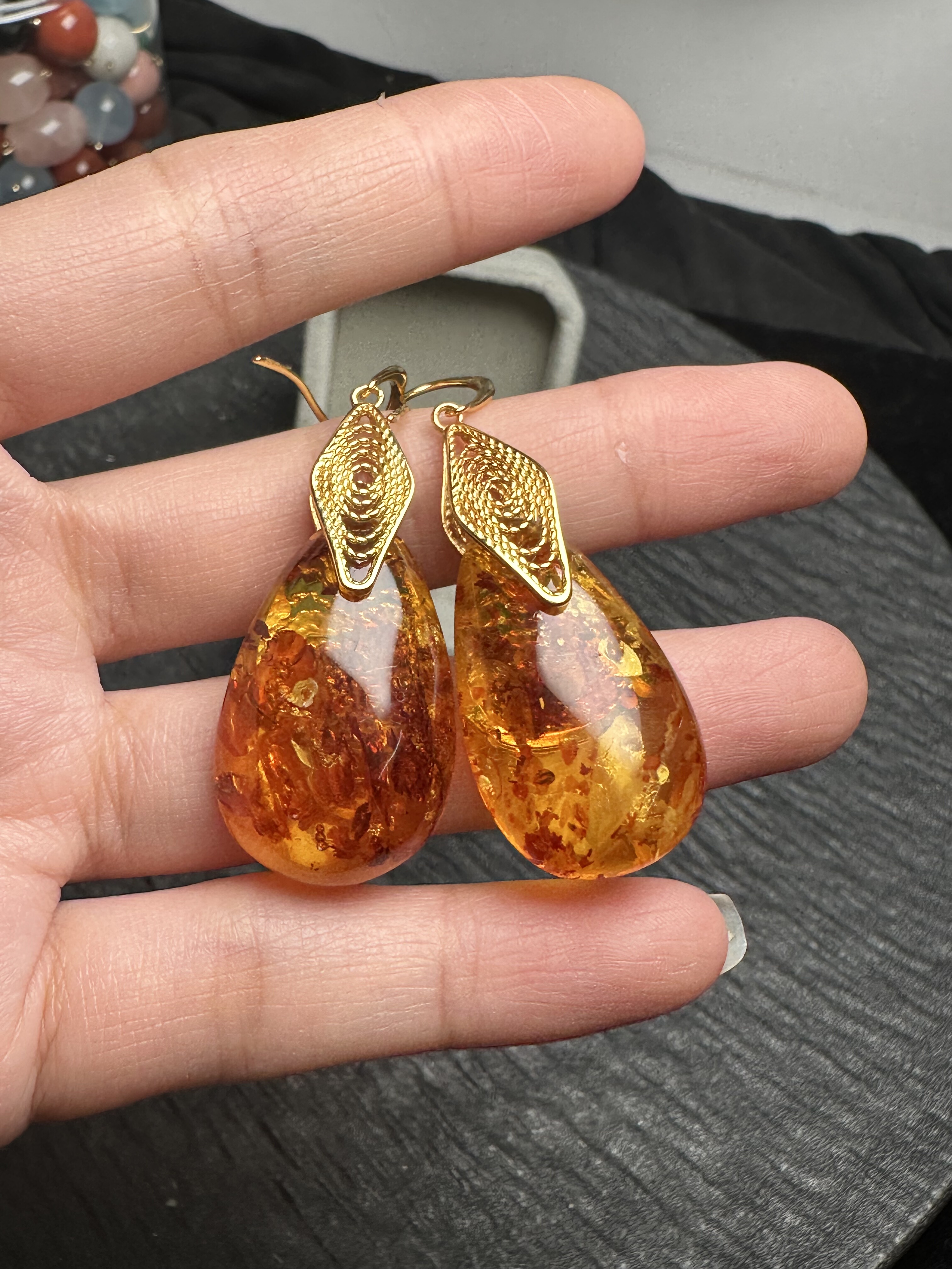 纯天然花珀水滴耳环 俄料欧款 925银镶 花珀18*30MM9.6克 保真