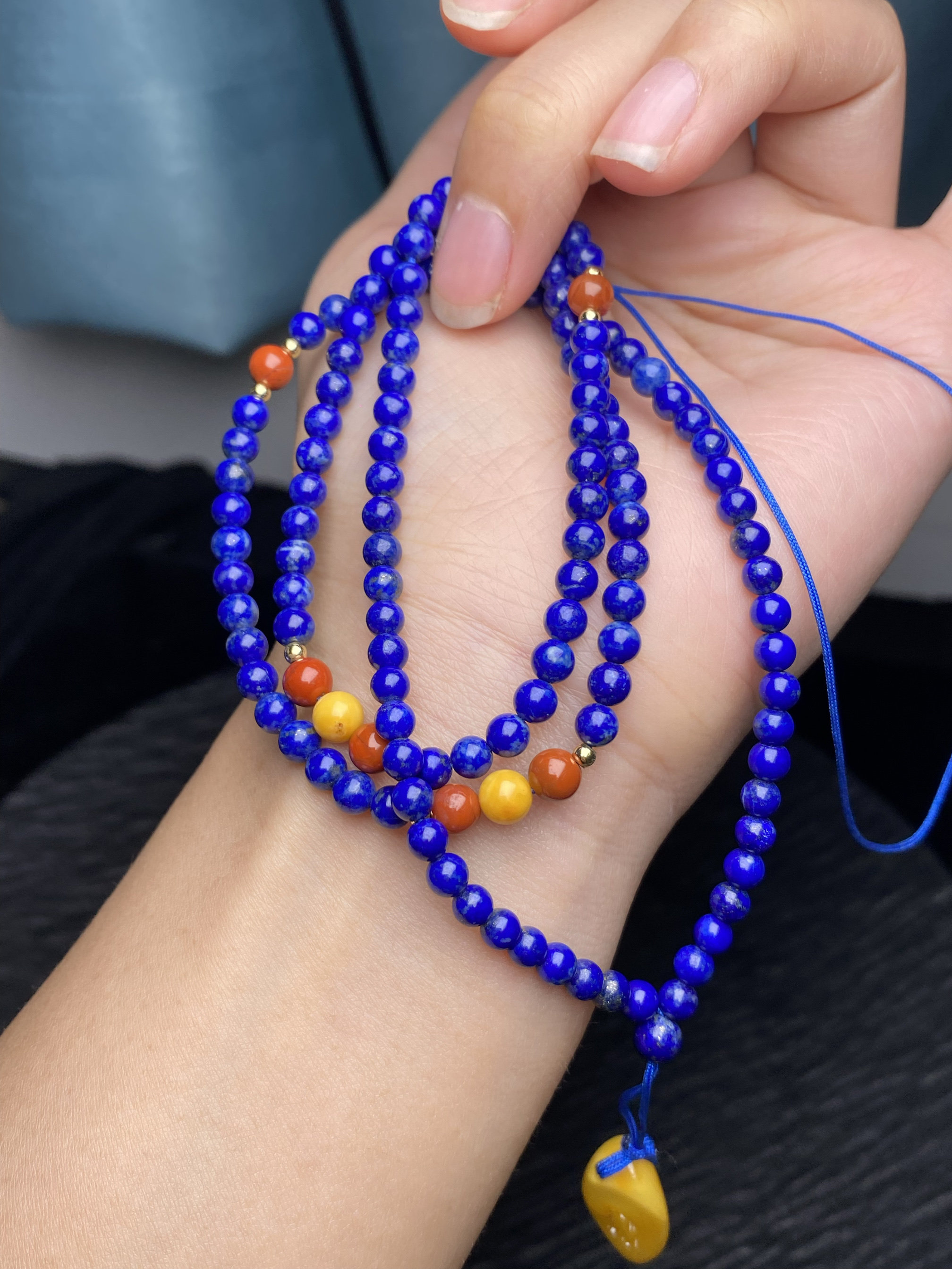 纯天然青金项链 帝王蓝老料4.8MM20.2克搭配天然南红+蜜蜡 保真