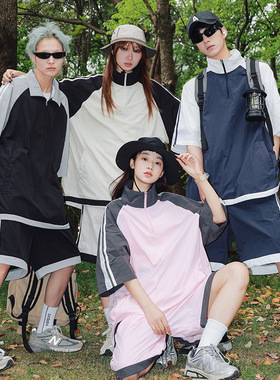 日系学院风街头设计感领带宽松圆领短袖T恤男ins潮牌休闲套装