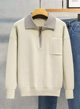 撞色polo领毛衣秋冬男士半拉链针织衫宽松韩版潮流帅气休闲上衣